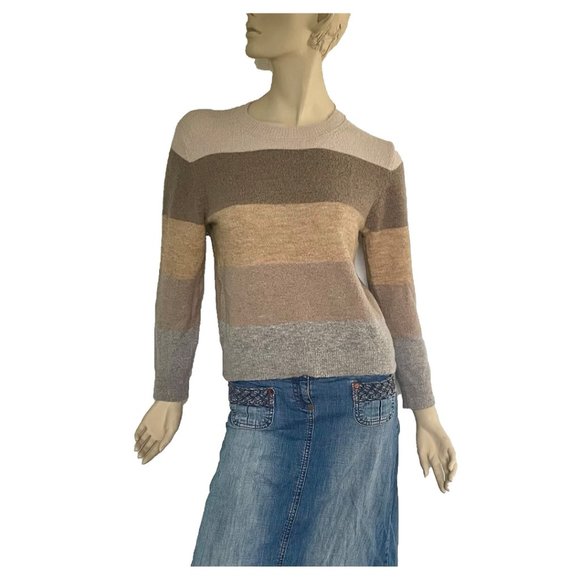 LOFT Sweater Fitted Wide Stripes, Size L/XL, Brown Beige Merino Wool Sweater - Picture 2 of 8